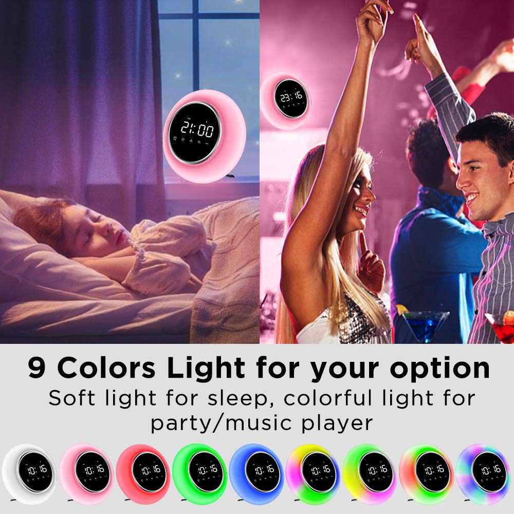KZY Wake Up Light Alarm Clocks, Kids Alarm Clock Sleep Aid Night Light for Bedrooms, 9 Colors Bluetooth Speakers for Party, Festival
