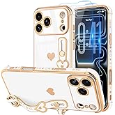 LLZ.COQUE Compatible with iPhone 17 Pro Case with Strap for Women Girls [2× Screen Protectors], Cute Love-Hearts Design, Wristband Kickstand Plating Edge Protective Phone Case (6.3") - White