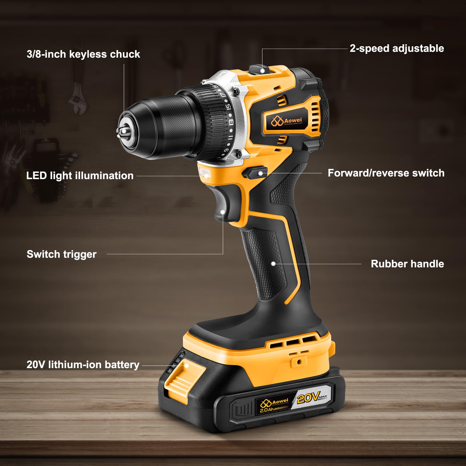 Aowei 20V Brushless Cordless Lithium-Ion Drill Set, Compact Design, Yellow Rechargeable Lithium-Ion Drill Kit, including 2.0Ah Battery, Charger and 3/8-inch Keyless Chuck