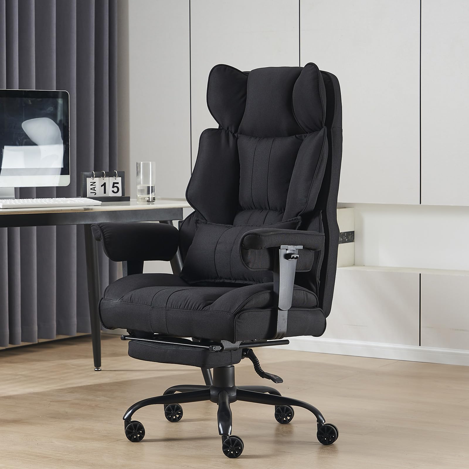 Efomao Big and Tall Office Chair 400 lb Weight Capacity, High Back Executive Office Chair with Foot Rest, Fabric Computer Chair for Back Pain Relief, Black