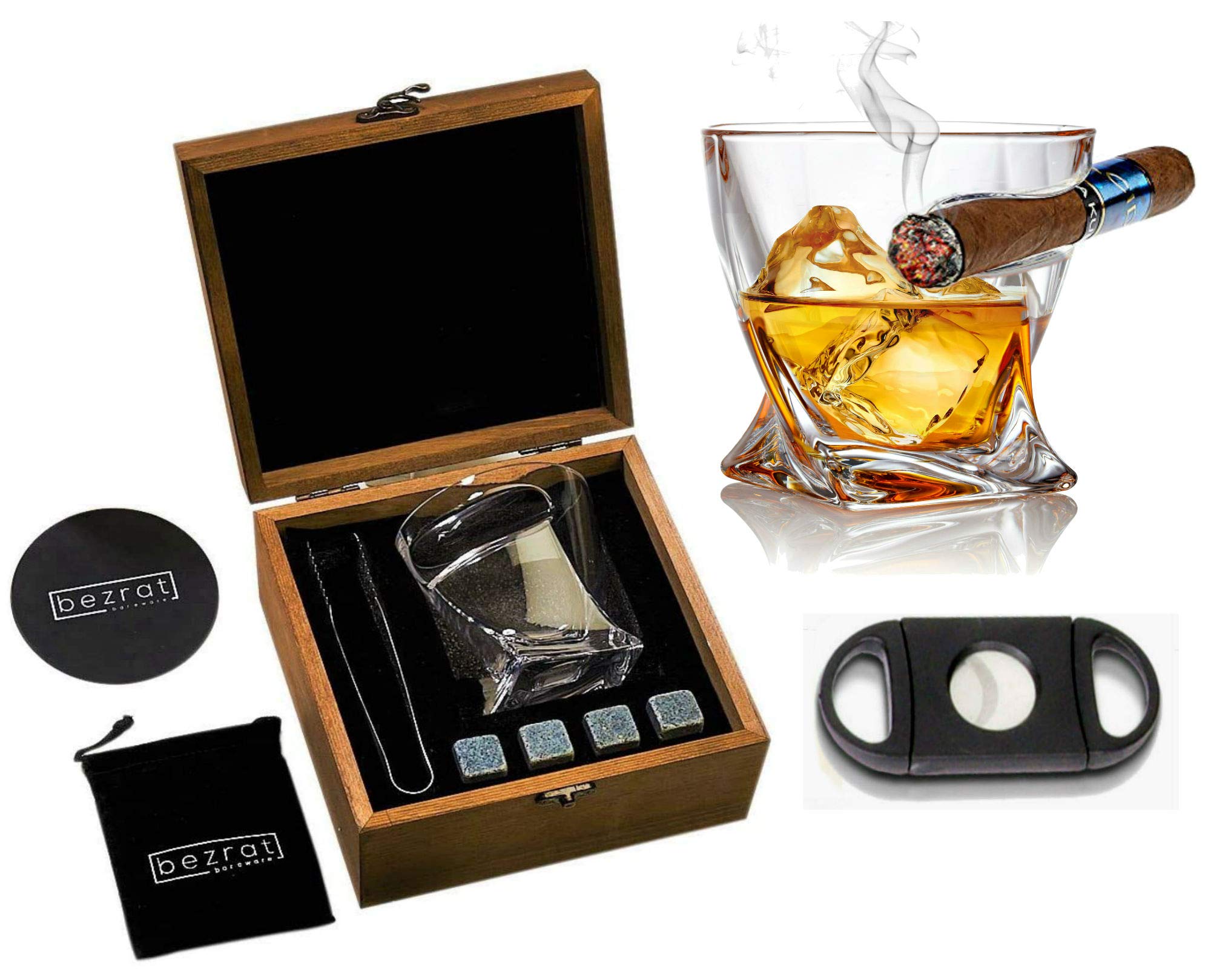 Whiskey Cigar Glasses with Side Mounted Cigar Holder, 10 oz + Whisky Chilling Stones and Accessories in Wooden Box - Scotch Bourbon Set for Dad, Husband, Fathers Day, Birthday Bezrat