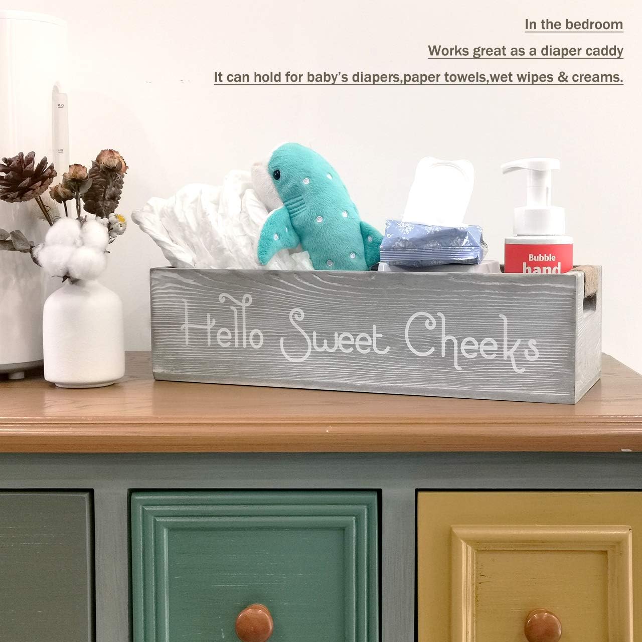 nobrand Farmhouse Rustic Wood Organizer, Bathroom Decor Box or Diaper Organizer, 2 Sides - Funny Box, Hello Sweet Cheeks with Funny Sayings (Grey): Home & Kitchen