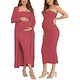Ecavus Maternity Tube Dress Long Cardigan 2 Piece for Baby Shower and Wedding Guest Ribbed Maternity Photoshoot Dresses