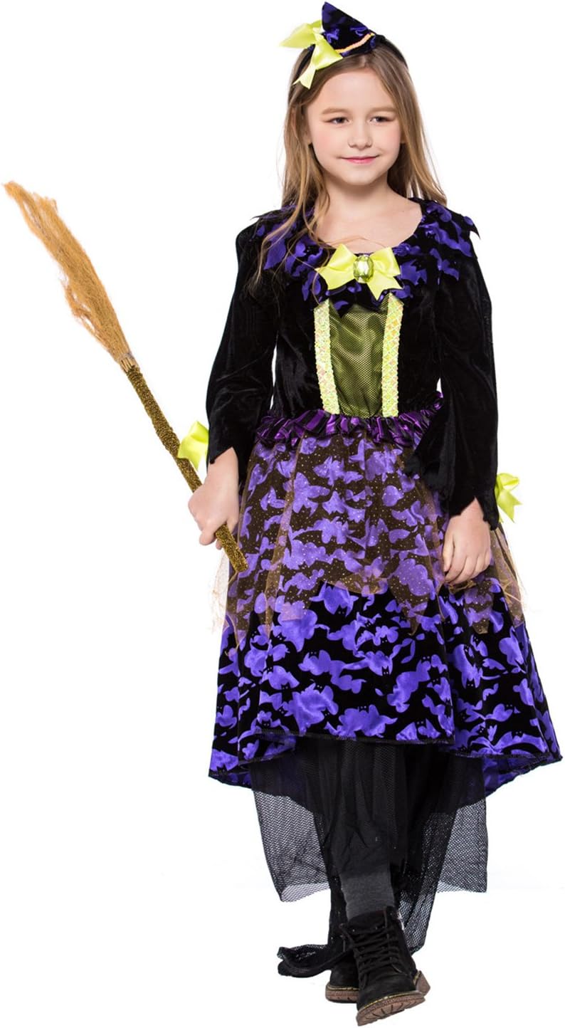 tianxinxishop Halloween Kids Little Witch Costume Bat Witch Fancy Dress with Hair Accessory Purple