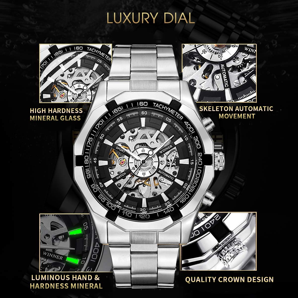 Gute Mens Watches, Mechanical Skeleton Stainless Steel Waterproof Automatic Self-Winding Watch for Men, Luxury X Dial Steampunk Wrist Watch