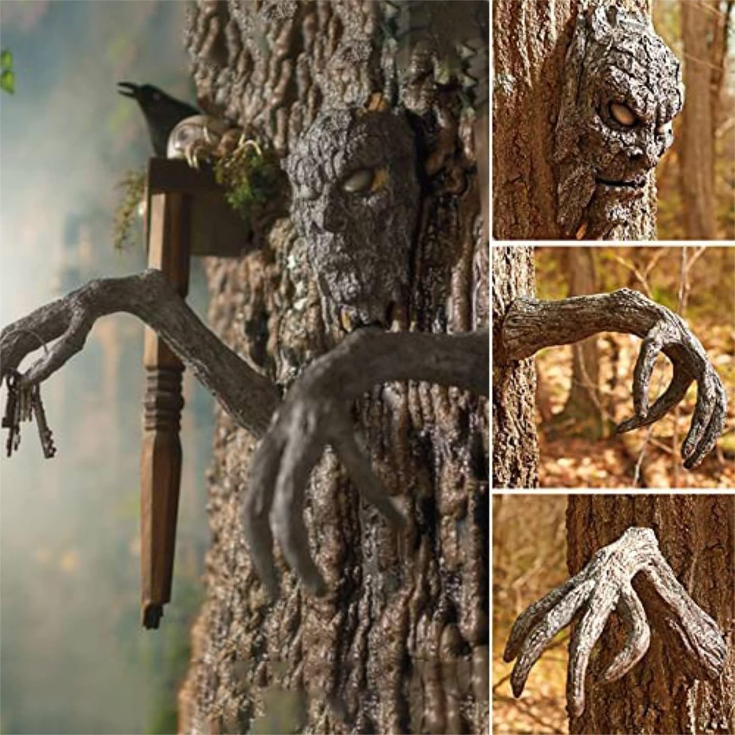 Outdoor Garden Halloween Horror Tree bark face Decoration, Tree Bark Face Tree Facial Makeup Facial Features Decoration Easter, Tree Demon Decoration,, Tree face Decoration (A)
