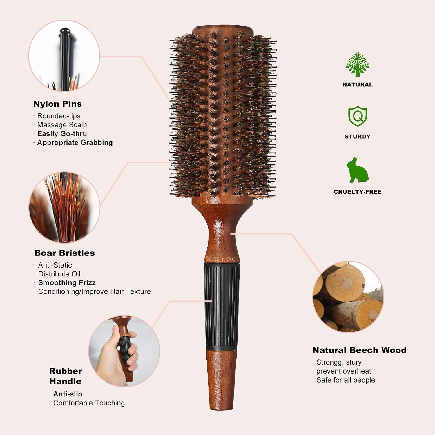 BESTOOL Round Brush for Blow Drying Boar Bristle Round Hair Brush with Wooden Barrel, Large Styling Brush for Women & Men - Image 3