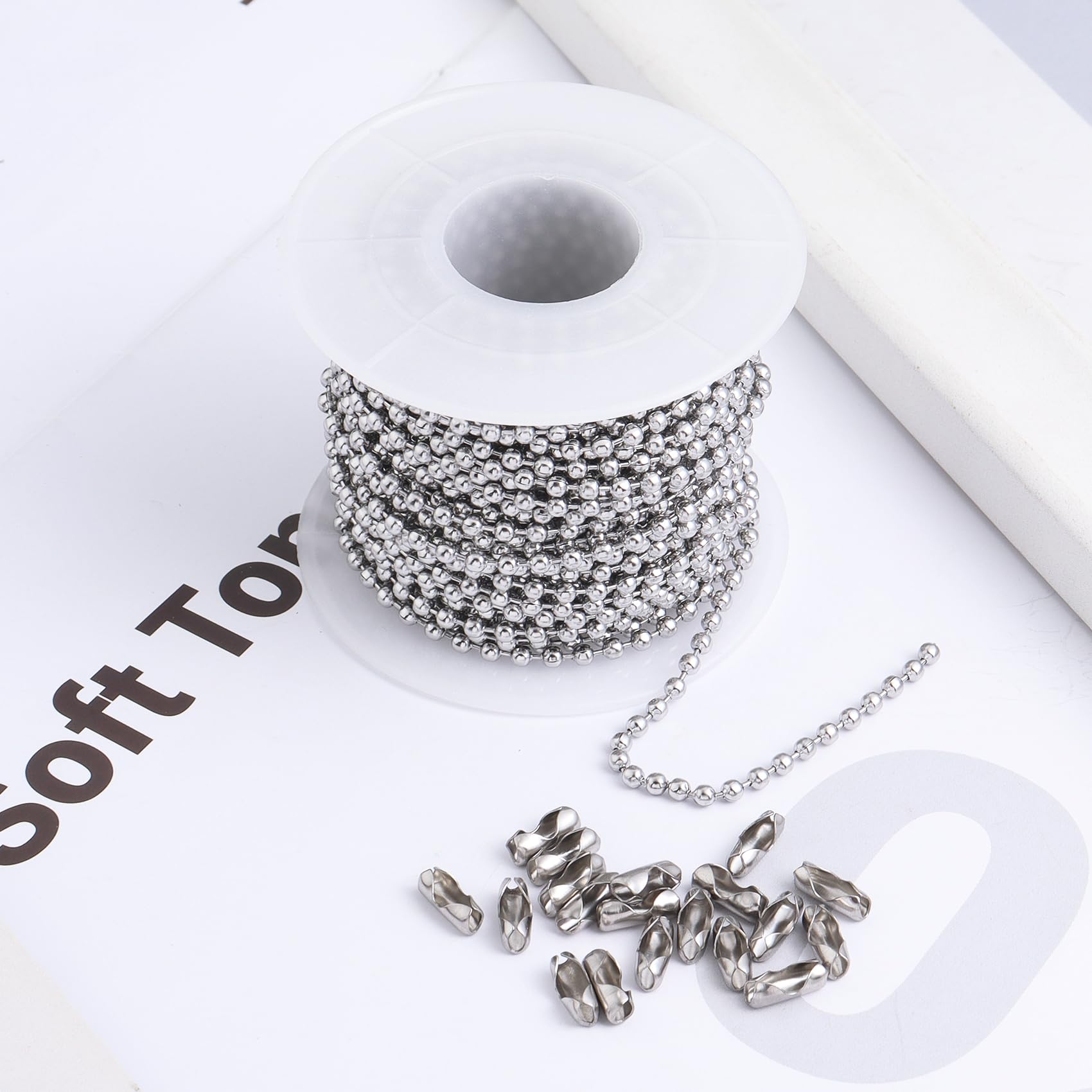 33Feet Ball Bead Chain Stainless Steel Dog Tag Chain with Matching Connectors for Jewelry Making Necklace Hanging Bracelets Keychain(2.4mm)