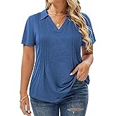 Plus-Size-Summer-Tops for Women Casual Collared V Neck Polo Shirts Business Pleated Tunics Trendy Short Sleeve Blouses