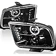 Spec-D Tuning Jet Black LED Halo Projector Headlights Compatible with 2005-2009 Ford Mustang, Left + Right Pair Headlamps Assembly
