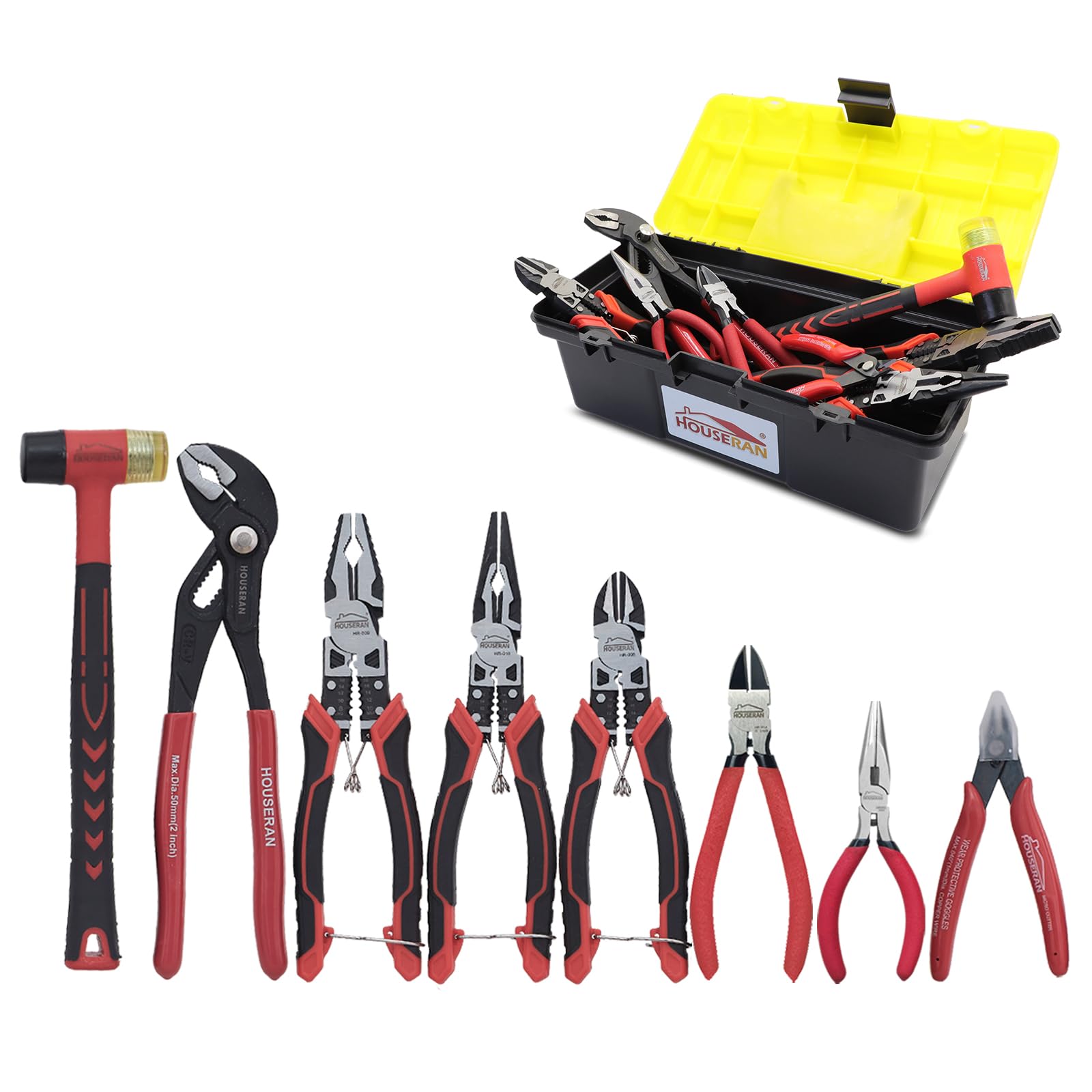 HOUSERAN 8-Piece Tool Set with Case Including 10” Groove Joint Pliers, 8.3” Long Nose, Linesman, 7.5” Diagonal, 6” Flush Cutter, 5” 170 25mm Rubber Mallet for DIY & Home Use