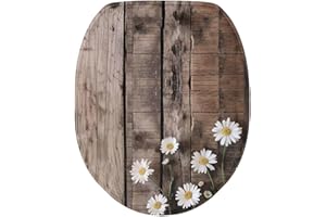 Luarisgur Daisy Toilet Seat Covers for Bathroom Decoration Wood Print Toilet Bolt Covers Decorative Round Elongated Toilet Lid Covers Washable Toilet Lid Seat Protector Cover with Elastic Bottom