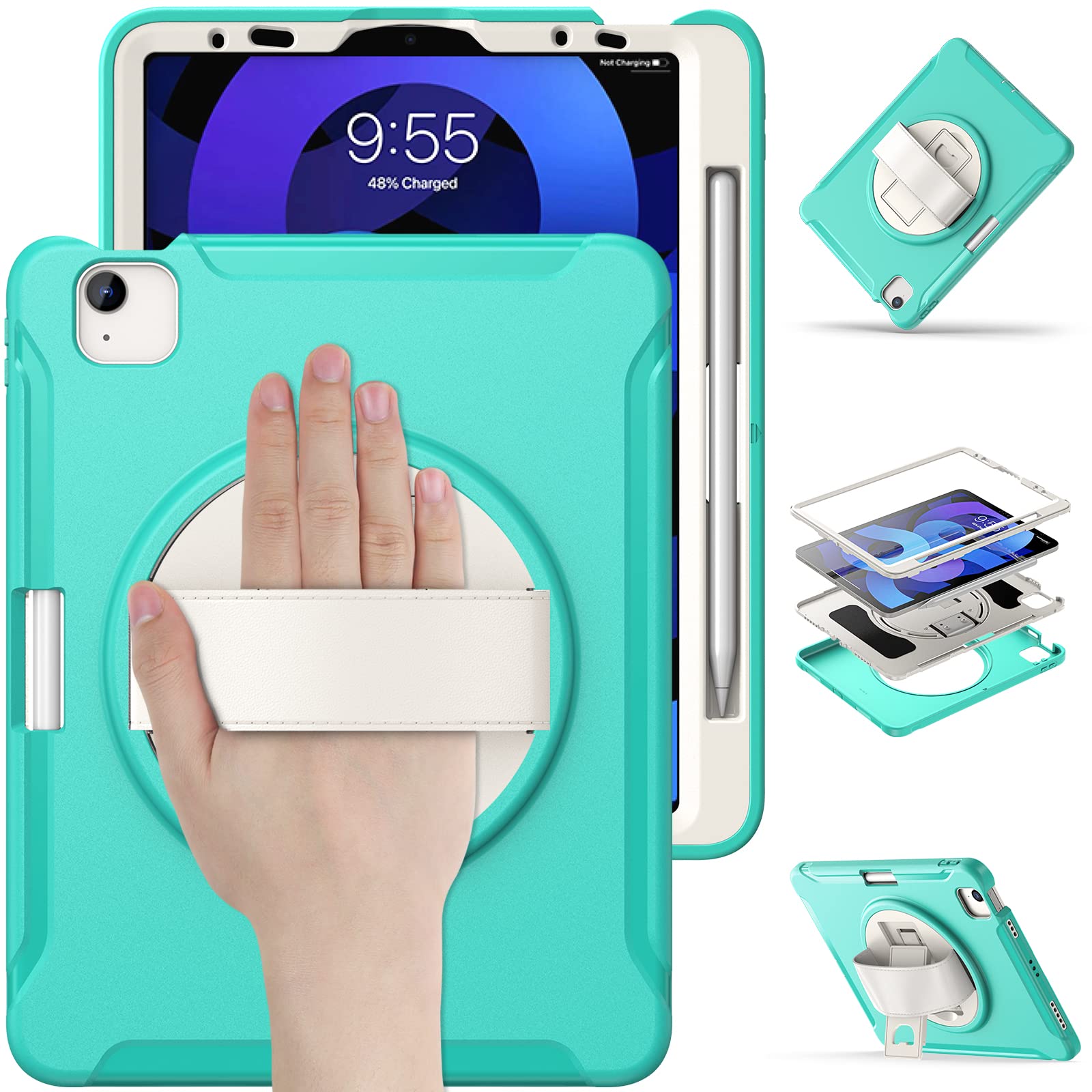 Case for iPad 5th/ 6th Generation 9.7 Inch 2017 2018, iPad Air 2 Case with Screen Protector, Swivel Stand, Hand Strap and Shoulder Strap Pencil Holder for Everyday Use