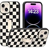 Yeddabox for iPhone 14 Case with Finger Strap Kickstand, Checkered Phone Case Full Camera Protection Shockproof Soft TPU and Hard PC Back Cover for Women Men, Black and White