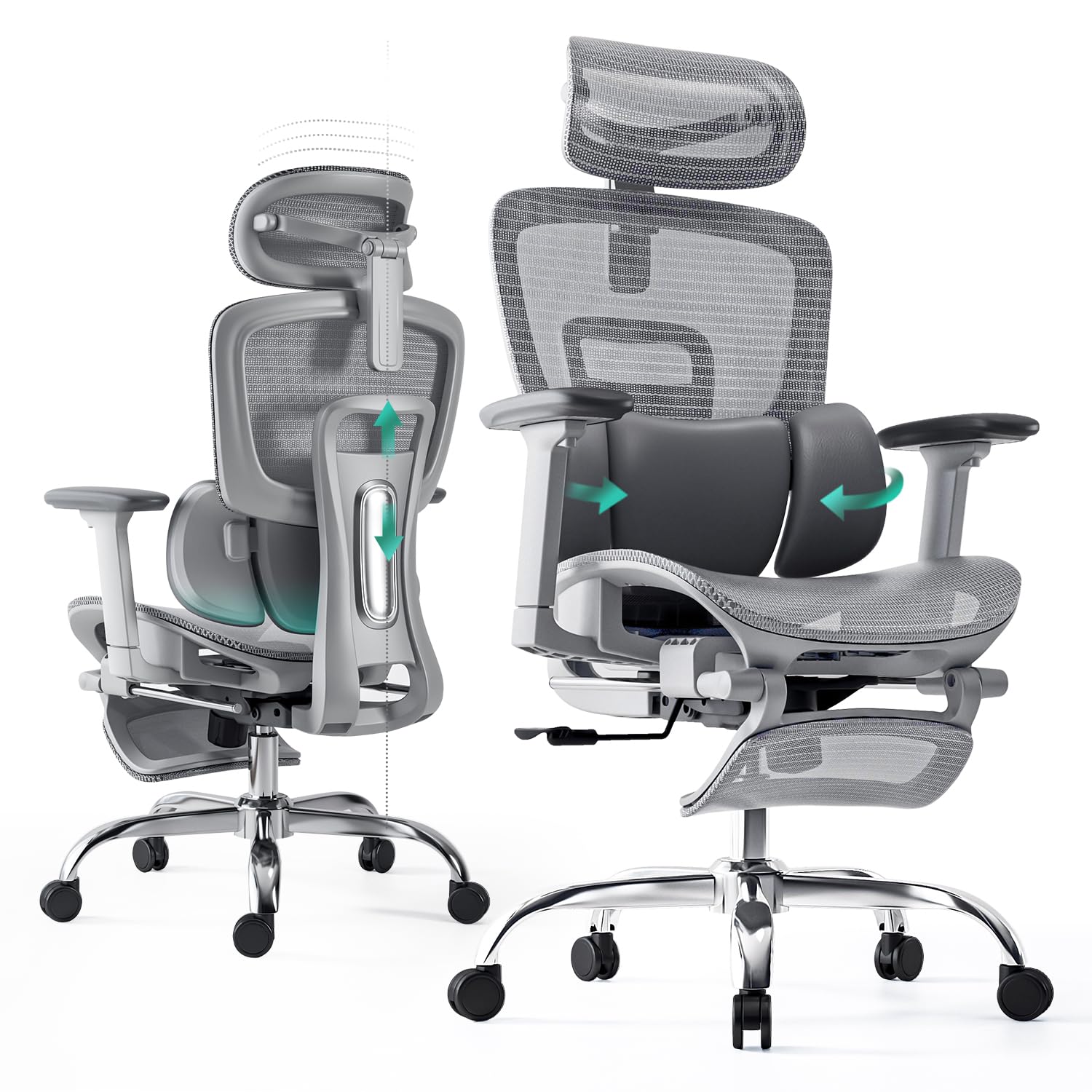 Photo 1 of kimupa Ergonomic Office Chair 3-Zone Dynamic Lumbar Support Adjustable Headrest,SGS Class 4 Gas Clylinder and Flip-Up Armrests Retractable Footrest Multi-Functional