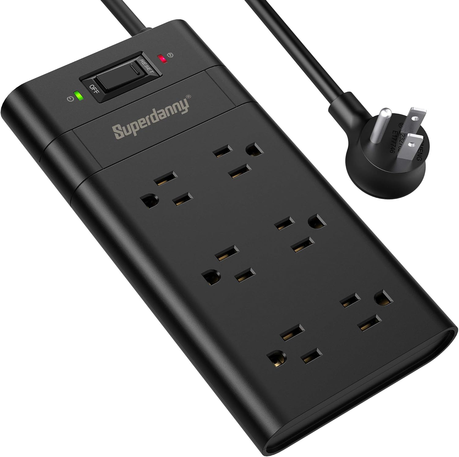Surge Protector Power Strip with 45°Angled Flat Plug, SUPERDANNY Wide Spaced Outlet Strip Desktop Heavy Duty Extension Cord Fireproof Power Cord for Home Office Dorm RV Entertainment Appliances, Black