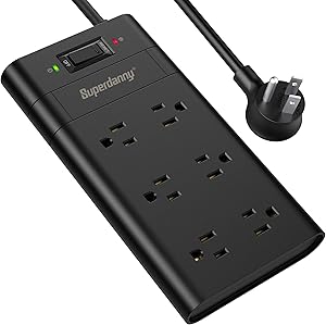 Surge Protector Power Strip with 45°Angled Flat Plug, SUPERDANNY Wide Spaced Outlet Strip Desktop Heavy Duty Extension Cord Fireproof Power Cord for Home Office Dorm RV Entertainment Appliances, Black