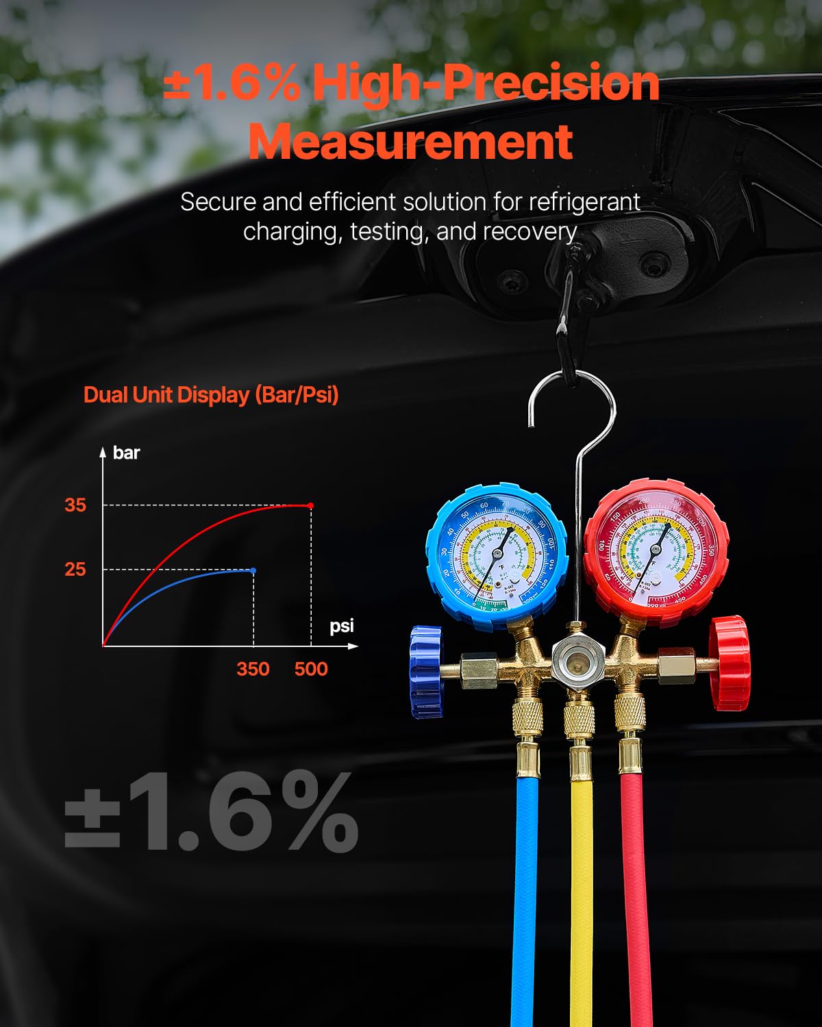 VEVOR 3,5 CFM AC-Vakuumpumpe und Manometer-Set, einstufige Drehschieber-HVAC-Luftvakuumpumpe, A/C-Kältemittelverteiler-Manometer-Kit, mit Schläuchen, Klimaanlagenkühlung für R134a, R12, R22, R502a 5