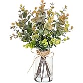 Piklado Artificial Eucalyptus Stems in Vase with Faux Water,Fake Plants for Bathroom,Coffee Table,Green Leaves for Centerpiece,Faux Greenery Plants Decorations.(Eucalyptus-Greyish Orange)
