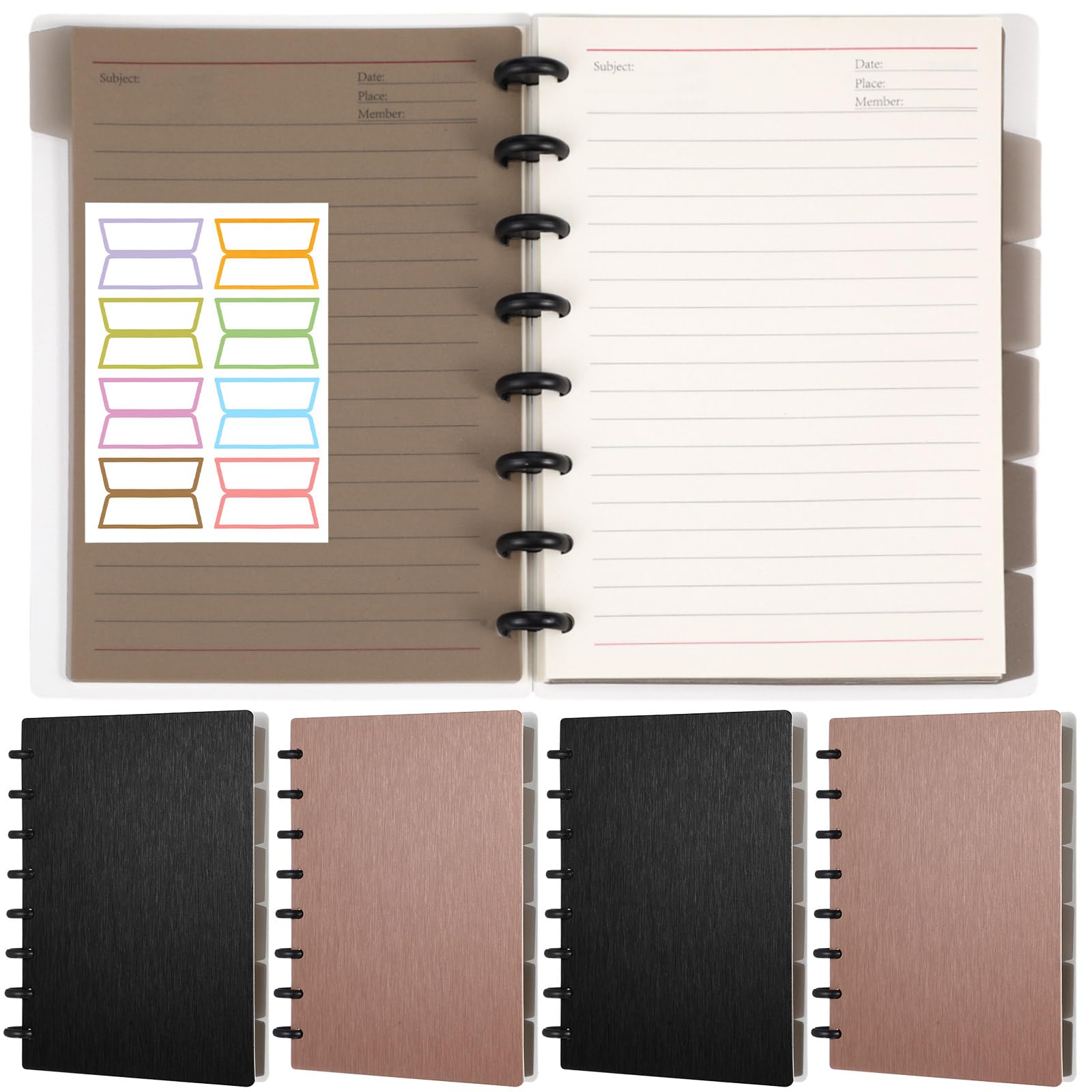 Photo 1 of Jetec 4 Pack A5 8-Disc Discbound Notebook Customizable Spiral Journal Refillable 5.5 x 8.5 Inches 5 Subject Notebook with 6 Binder Dividers 16 Tabs Removable 120 Pages Wide Ruled Disc Planner