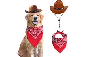 AWOCAN Dog Cowboy Hat & Bandana Scarf (Coffee, Adjustable, Large) - Cute Pet Apparel Costume for Dogs & Cats - Holiday Party Decoration & Surprise Gift