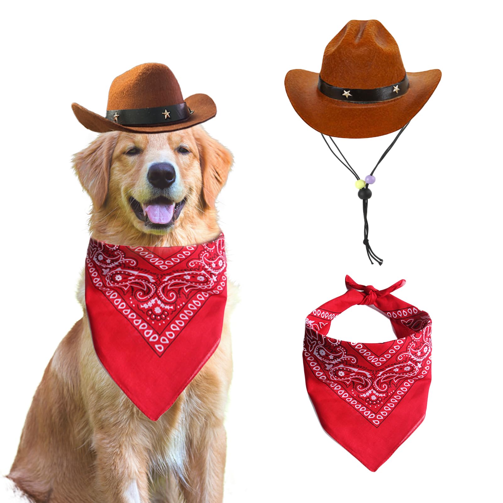 AWOCAN Dog Cowboy Hat and Bandana Scarf - Sombrero Puppy Hat Dog Cat Costume Cosplay Cap - Holiday Pet Party Decoration (coffee)