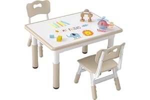 DOREROOM Kids Table and 2 Chairs Set, Height-Adjustable Toddler Table and Chair Set with Graffiti Desktop, 31.5''L x 23.6''W Children Activity Table for Daycare, Classroom, Home