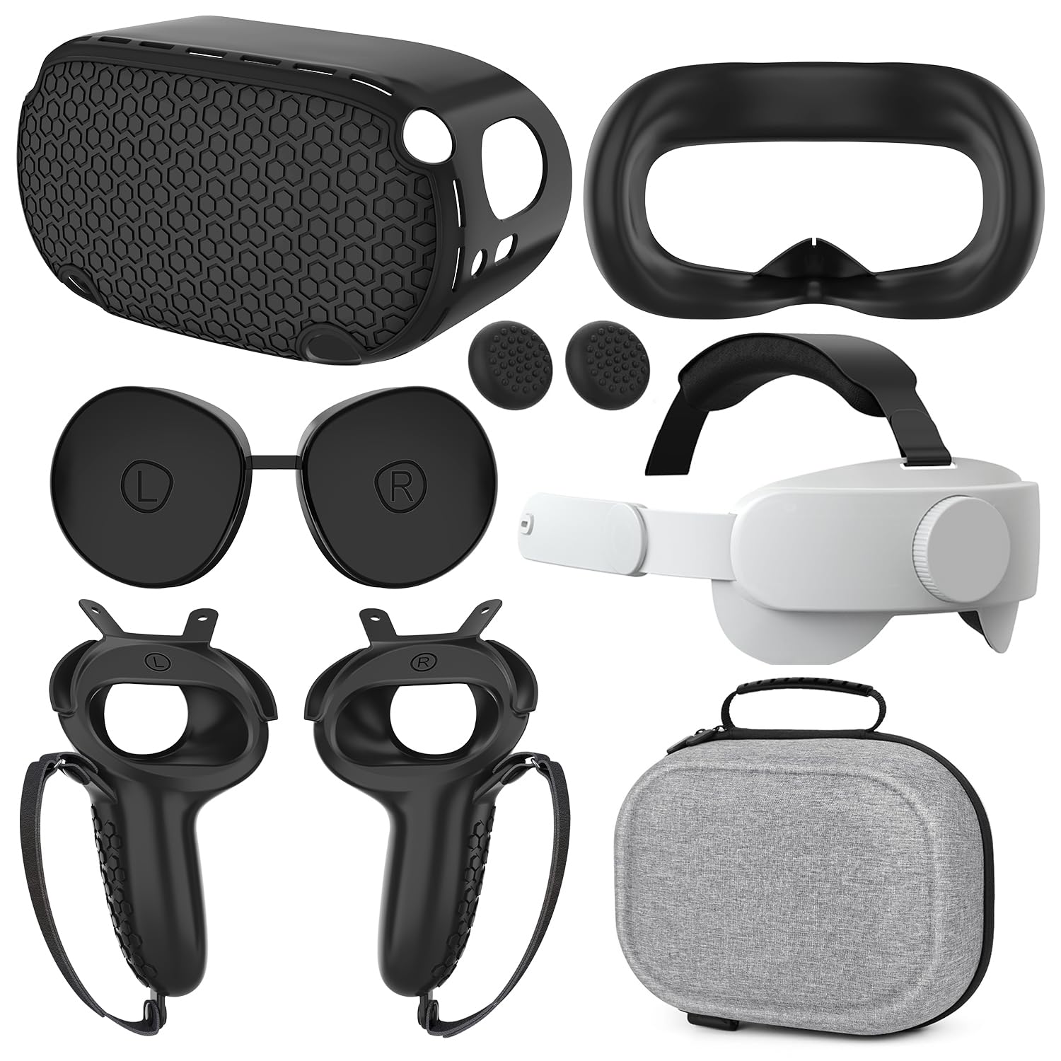 Quest 2 Accessories - Head Strap, Case, Face Cover, Controller Grips, Joystick Cover, Lens Protector