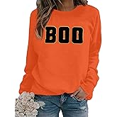 MYHALF Halloween Sweatshirt for Women Boo Embroidered Sweaters Cute Spooky Season Shirt Long Sleeve Fall Winter Pullover Tops