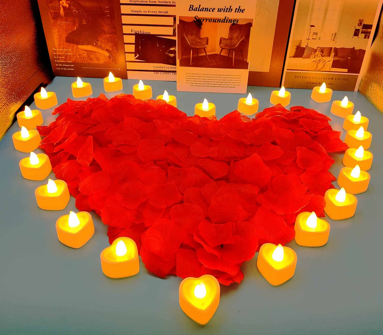 Proyatech LED Candles 24 Packs Flameless Tea Lights with 1000 Packs Artificial Rose Petals for Wedding Romantic Night Valentine's Day Decor（Warm