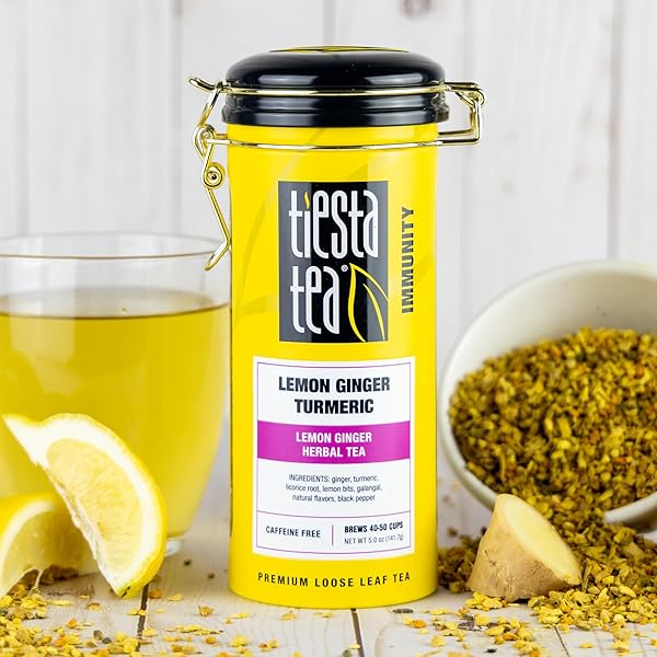 TIESTA TEA – LEMON GINGER TURMERIC, LOOSE LEAF, LEMON GINGER HERBAL TEA, PREMIUM BLEND, NON CAFFEINATED HERBAL, MAKE HOT OR ICED & BREWS UP TO 50 CUPS, 5 OUNCE REFILLABLE TIN