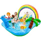 UMEELR Inflatable Play Center Pool with Water Slide, 90.6 X 77.6in Rainbow Sprinkler Arch &amp; Seal Design Kiddie Pool for Kid's Summer Backyard Splash Toy with Slide, Sprinkler &amp; Play Area