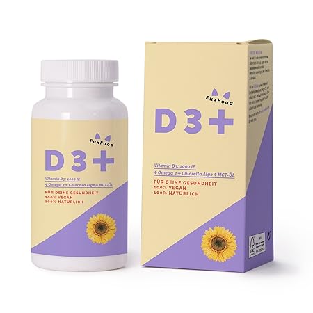 Vitamin D3 + Omega 3 + Chlorella | 100% VEGAN aus Flechten und Leinsamen | Sonnenvitamine | 90 Kapseln | Nachhaltig hergestel