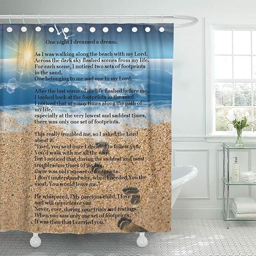 Amazon Com Semtomn Shower Curtain Poetry Footprints In Sand Poems Saviour Beaches 72 X78 Home Decor Waterproof Bath Bathroom Curtains Set With Hooks Home Kitchen