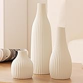 Decorative Flower Vase Set of 3 - Modern Boho Style White Vases, Ribbed Textures Ceramic Vase for Home Decor Shelf Bookshelf Mantle TV Stand Entryway Console, Dining Table Centerpiece Decor