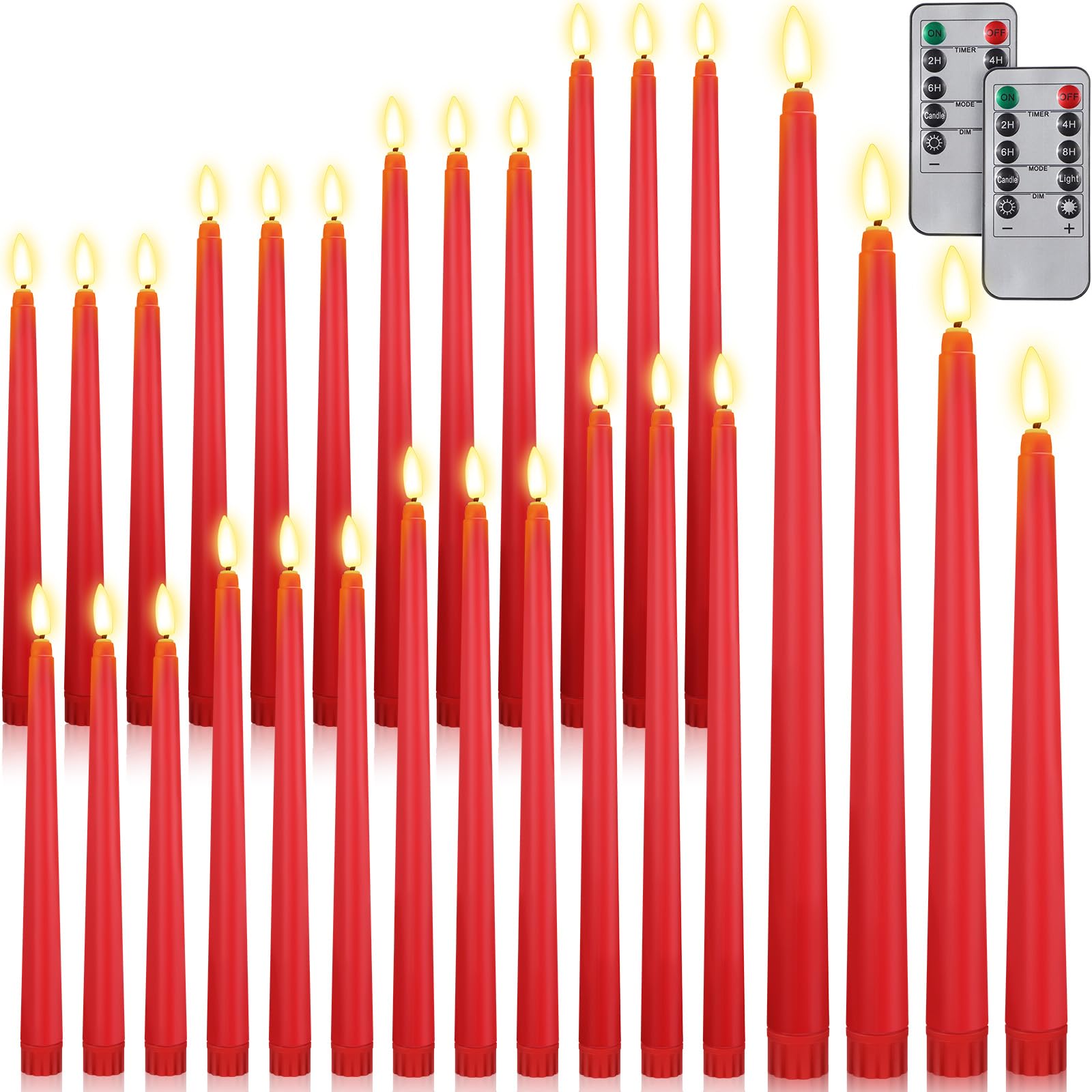 Photo 1 of ***UNTESTED*** Rossesay 28 Pcs Flameless Taper Candles with Timer Remote 4 Sizes of 8.5", 9.6", 10.83", 12.8" LED Flameless Flickering Taper Candles Battery Operated for Church Wedding Home Decor(Red)