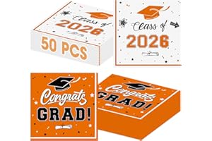 50 Pcs Graduation Napkins Decorations - Orange Class of 2026 Congrats GRAD 3-Ply Paper Cocktail Dinner Napkins Set for 2026 G