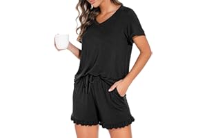 PrinStory Womens Pajamas Set Lounge Sets Short Sleeve Sleepwear Soft Pjs Shorts Set with Pockets