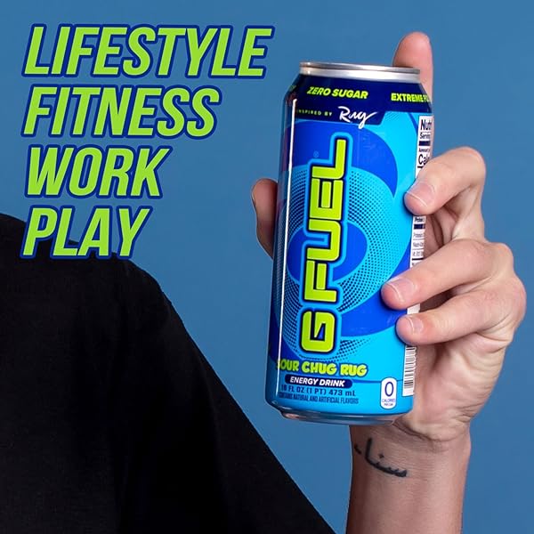 G FUEL ENERGY DRINK, SOUR BLUE RASPBERRY, SUGAR FREE BEVERAGE WITH 300MG CAFFEINE, DAILY ENERGY BOOST WITH FOCUS AMINO, VITAMIN + ANTIOXIDANTS, 16 OZ CANS (CHUG RUG, 12-PACK)