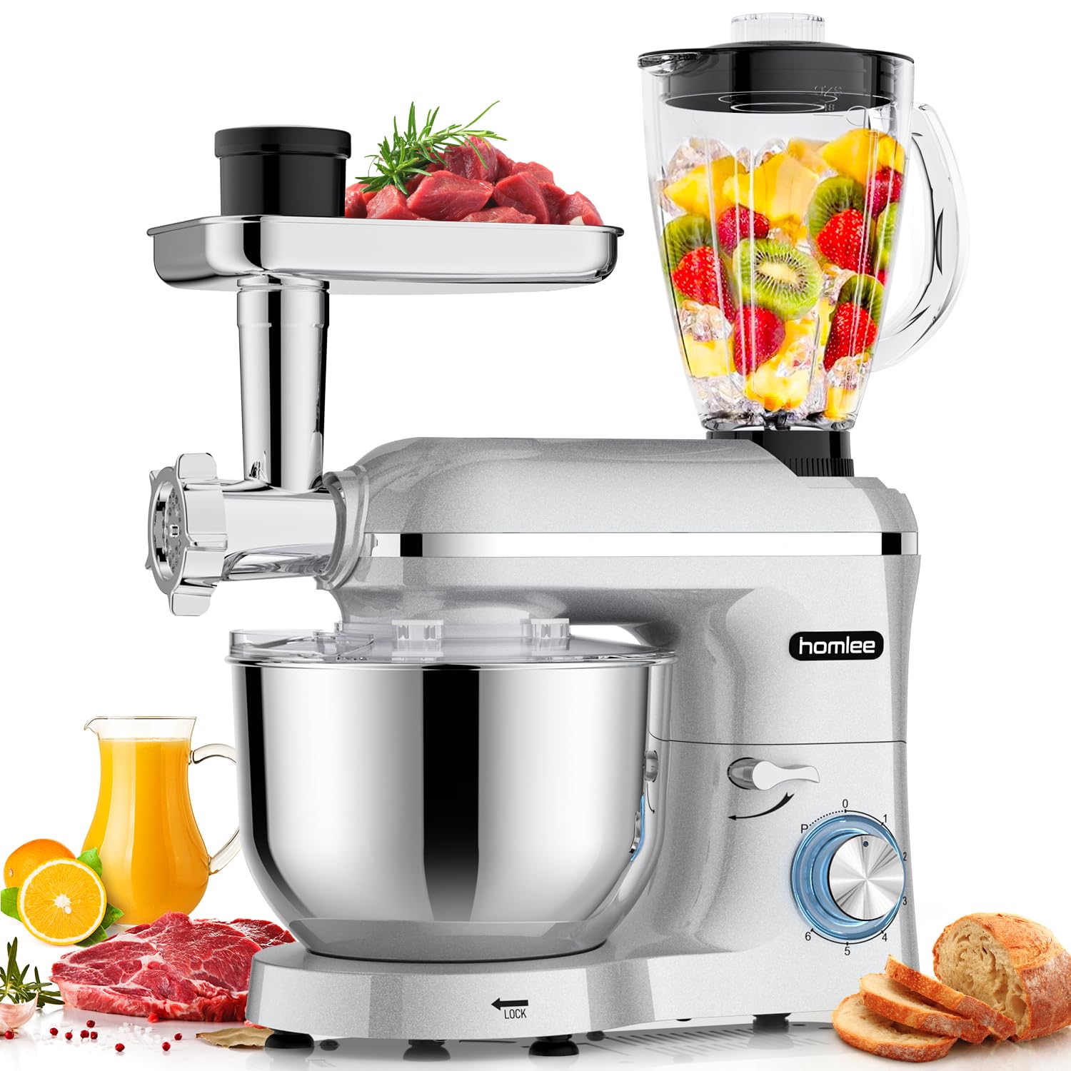 Homlee 3 in 1 Universal Küchenmaschine 2000W Multifunktionale Knetmaschine 6-stufige Gescheindigkeit Mixer, mit Fleischwolf, 1.5L Saftpresse, 5.5L Edelstahlschüssel knetmaschine