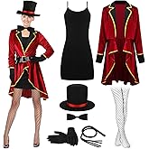 Mepase 7 Pcs Women Circus Ringmaster Costume Include Tailcoat Jacket Dress Hat Glove Bow Tie Whip Mesh Stocking for Halloween