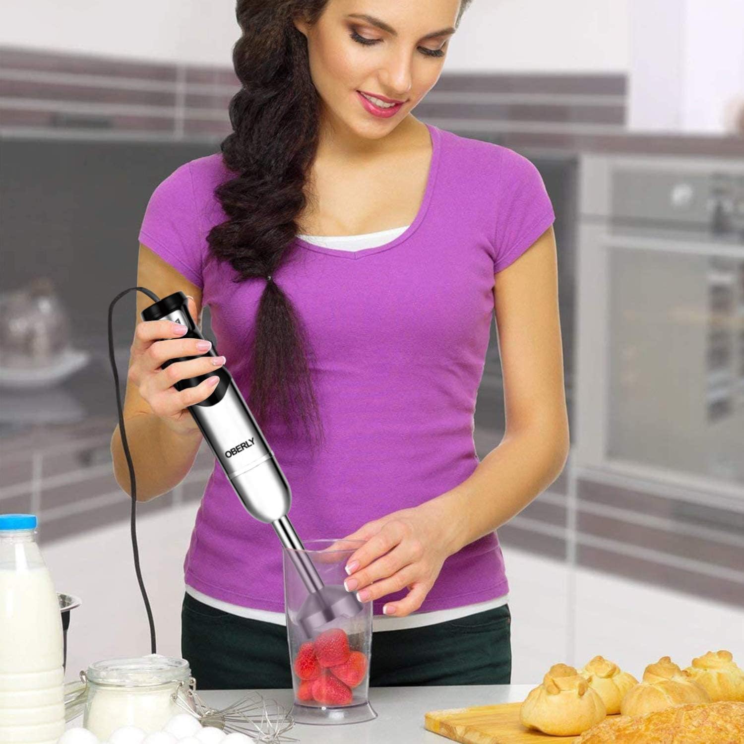 Immersion Hand Blender, OBERLY 3 in 1 Set 500 Watt Smart Stepless Speed Control Multi-Purpose Handheld Stick Blender, Heavy Duty Copper Motor Brushed Stainless Steel Finish With Whisk, Milk Frother Attachments: Kitchen & Dining