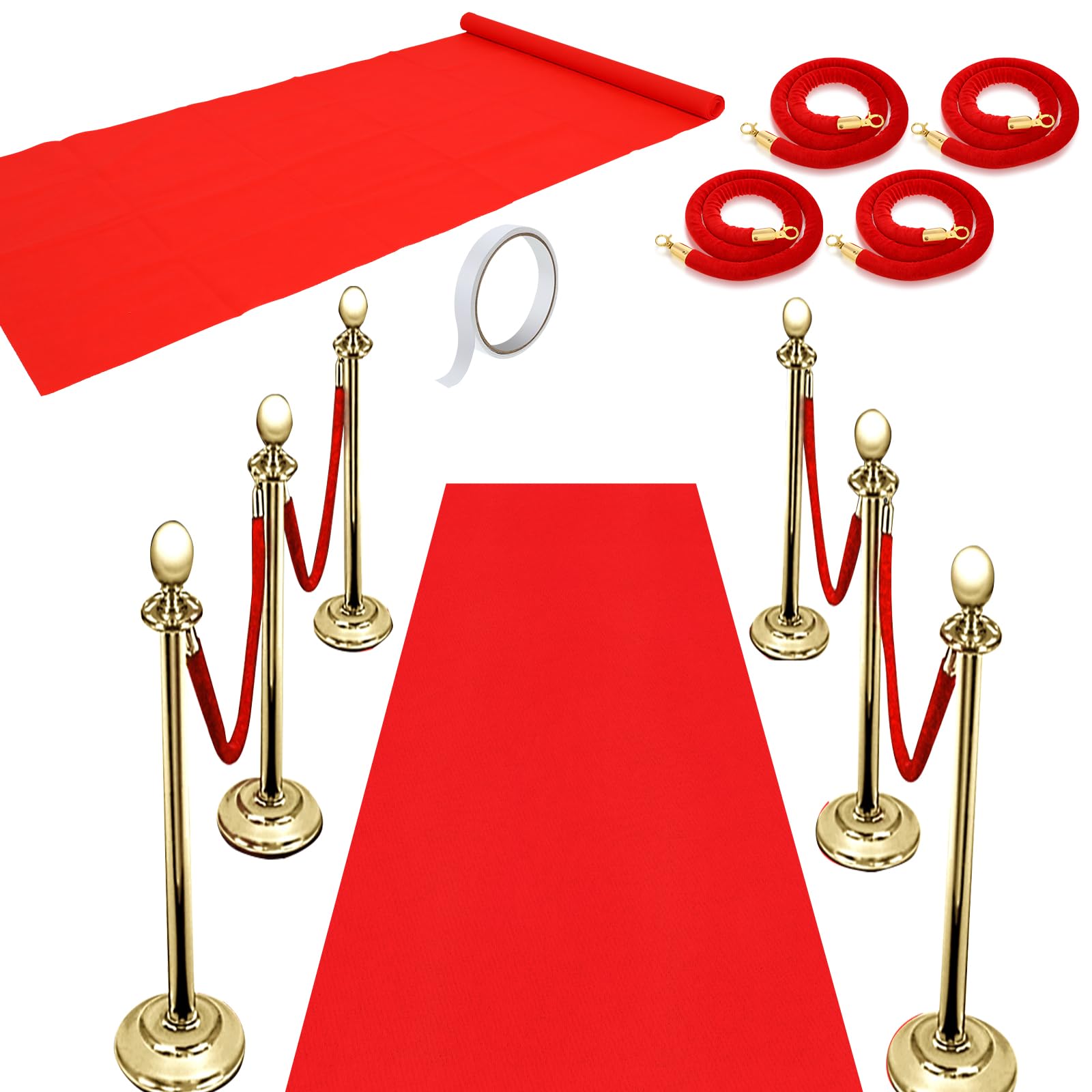 Photo 1 of Red Carpet Runner 2.6 x 15 ft Carpet Aisle Runner Rug 55gsm Thickness with 4 Pieces Red Velvet Stanchion Rope Crowd Control Rope Barrier with Gold Color Plated Hooks, 5 Feet