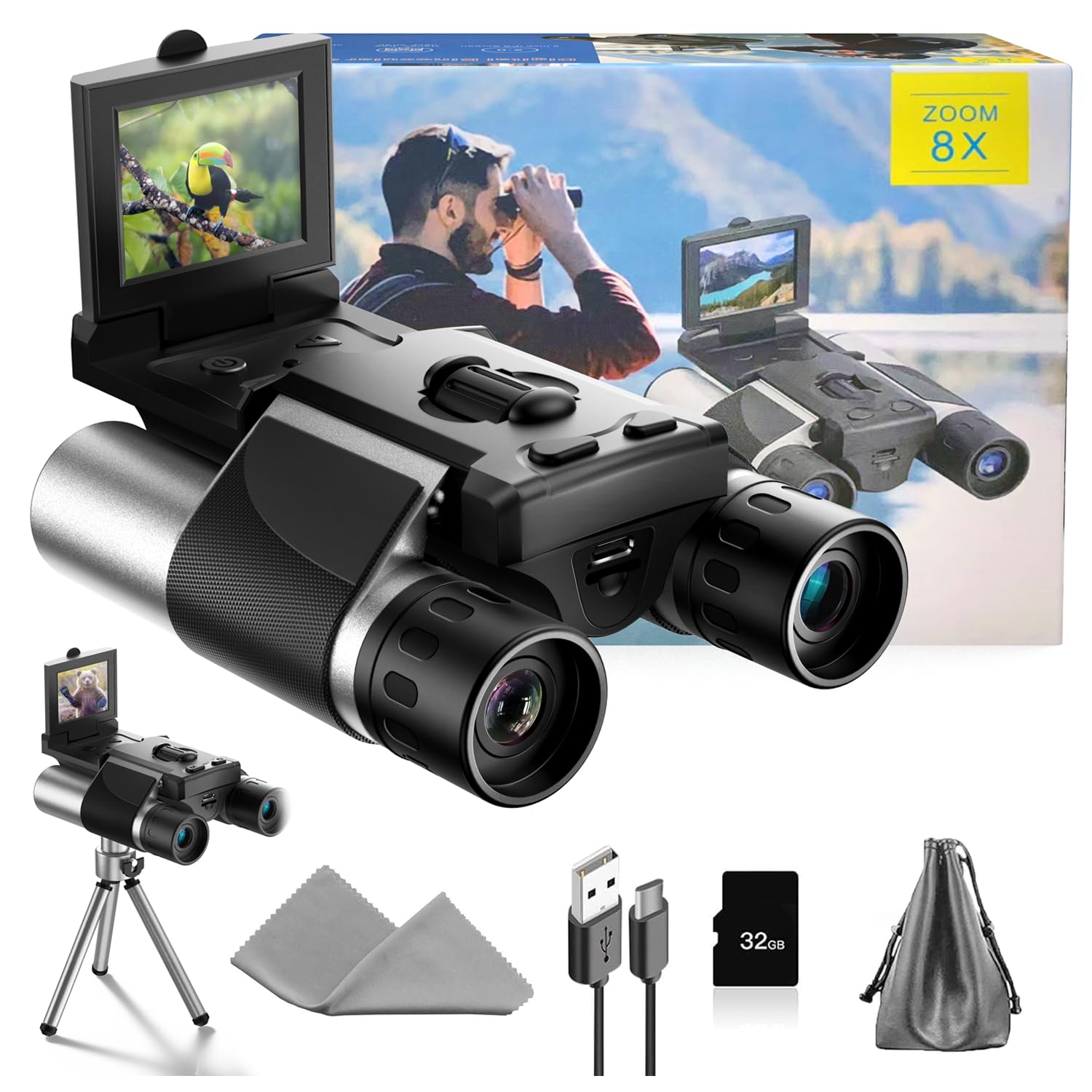 Photo 1 of Digital Binoculars with Camera - 8X Digital Zoom, 2" LCD Display 40MP Camera 2.5K Videos Ideal for Concerts, Bird Watching, and Outdoor Adventures with 32GB SD Card - S555