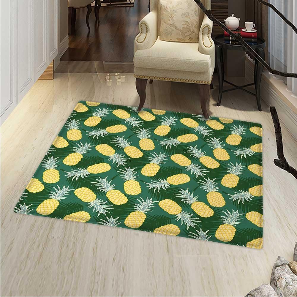 Hawaii AntiSkid Area Rug Monochrome Palm Leaves with Exotic Pineapples