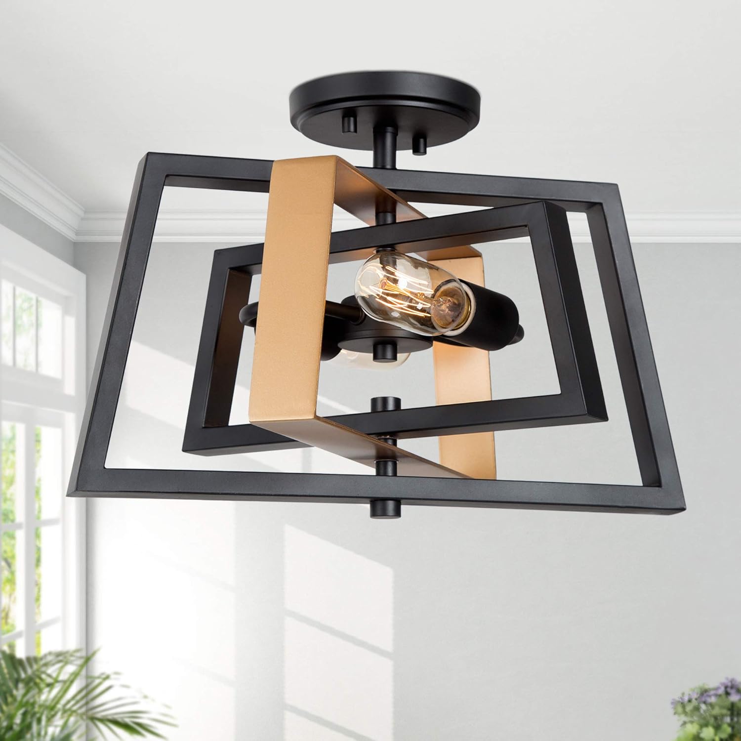 KSANA Semi Flush Mount Ceiling Light with Rotatable Frame, Modern Square Light Fixture for Bedroom, Living Room, Kitchen, Closet, Hallway, Laundry Room (Black and Dark Gold Finish) - - 