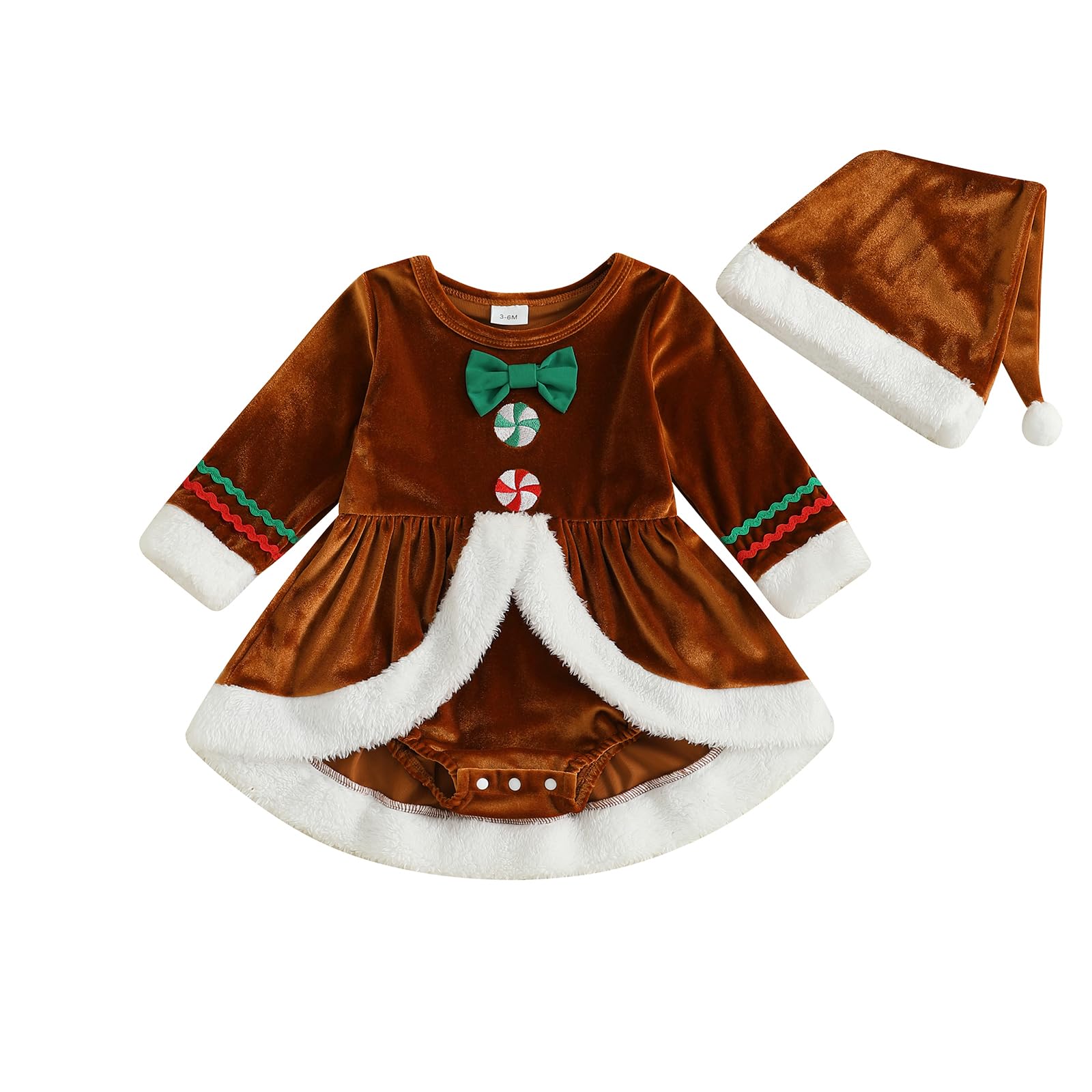 Himllauen Infant Baby Girls Christmas Santa Romper Dress Toddler Plush Patchwork Long Sleeve Jumpsuits and Cute Santa Hat Set for Newborn Girl Outfits (Brown, 0-3 Months)