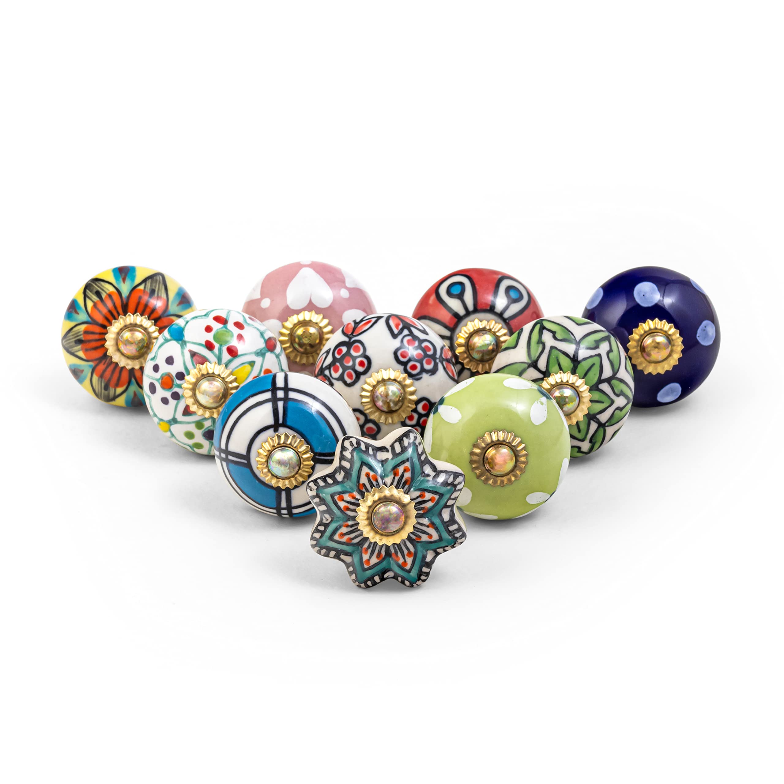 RAJRANG Bringing Rajasthan to You Door Knobs for Interior Doors Multi Color Ceramic Kitchen Cabinet Handles with Brass Pottery Flower Cupboard Dresser Drawer Knob Set of 10