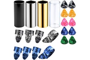 Augshy 4 Pieces Medium Guitar Slides for Acoustic,Stainless Stell Guitar Slides for Electric,Glass Guitar Slide and 8 Pieces Plastic Thumb & Finger Picks Guitar Accessories