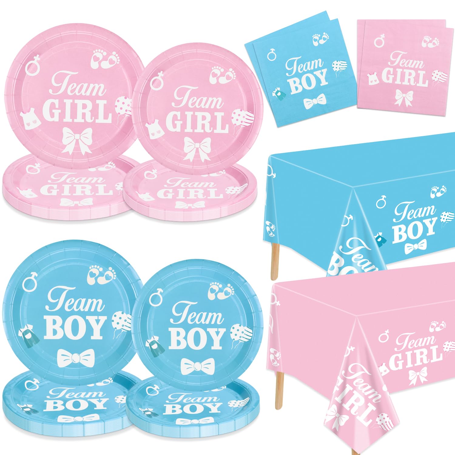 Gender Reveal Decorations - Including Gender Reveal Plates, Napkins, Team Boy Team Girls Tablecloth for Baby Shower He or She Party Supplies, Serve 20 Guest